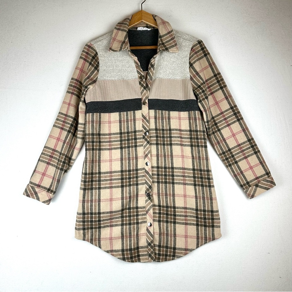 THML Plaid Mixed Media Patchwork Flannel Snap Front Layer Shacket